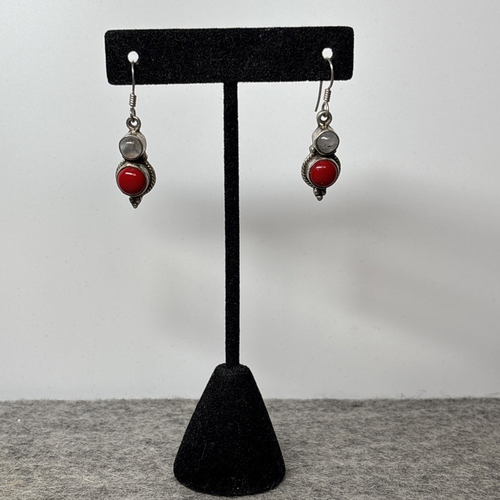 Rainbow Moon Stone and Coral Sterling Silver 925 Earrings